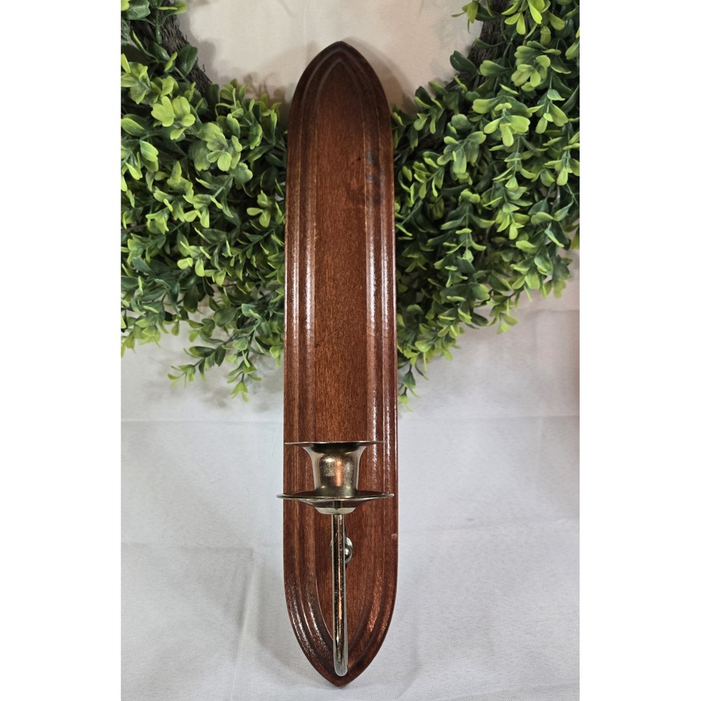 Vintage Cottagecore Granny Home Interiors 1990's Wood & Brass Wall Candle Sconce